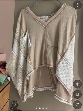 POL Beige and Cream V-Neck Knit Poncho Sweater